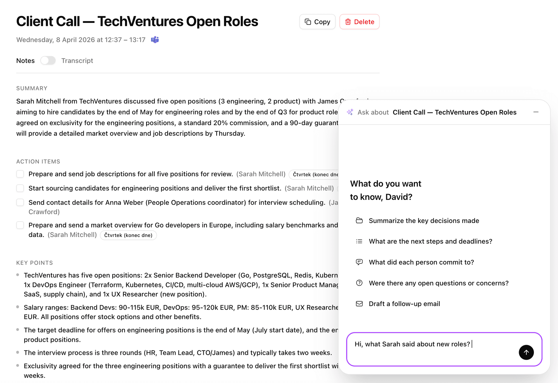 AI Notetaker capturing a meeting in PaperDeck